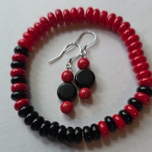 Handmade Red and Black Beaded Bracelet & Earring Set
